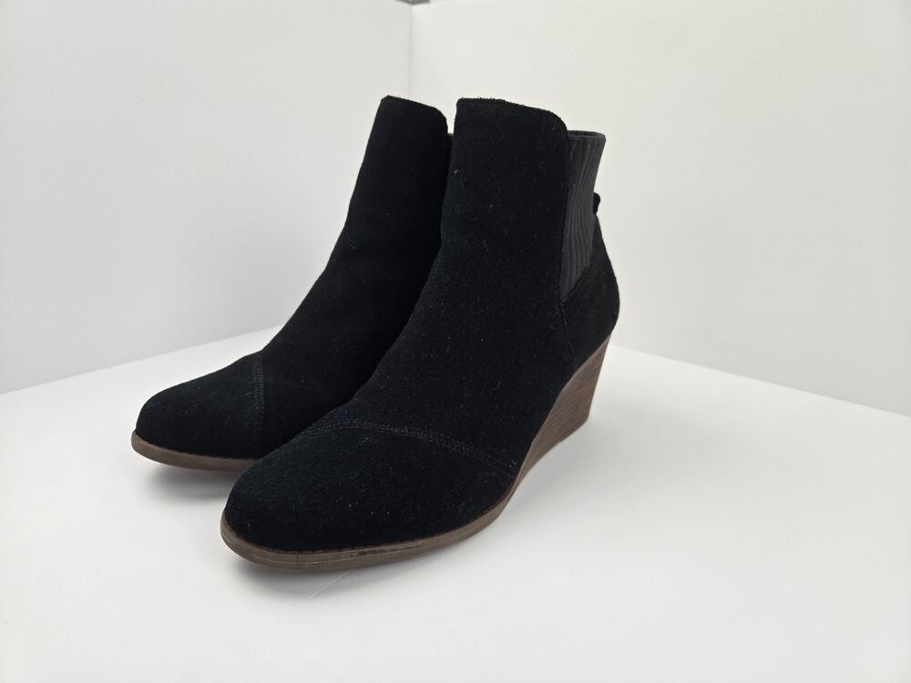 Tom’s Womens Black Suede Side Zip Wedge Ankle Booties Size 10